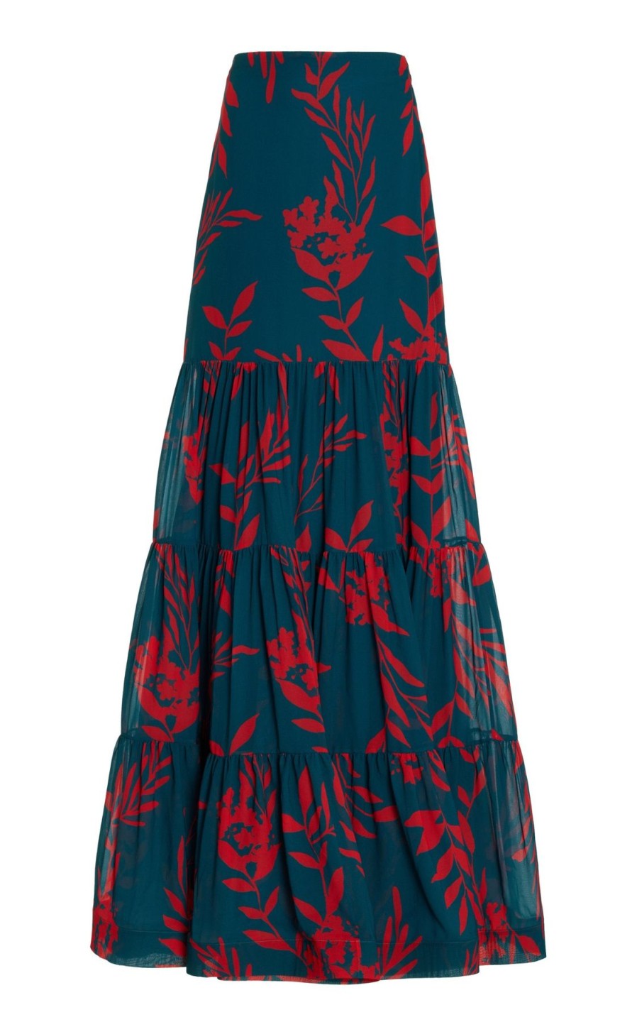 Women Andres Otalora Skirts | Passiflora Printed Chiffon Maxi Skirt Green & Coral Leaves Print