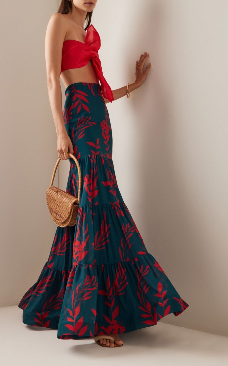 Women Andres Otalora Skirts | Passiflora Printed Chiffon Maxi Skirt Green & Coral Leaves Print