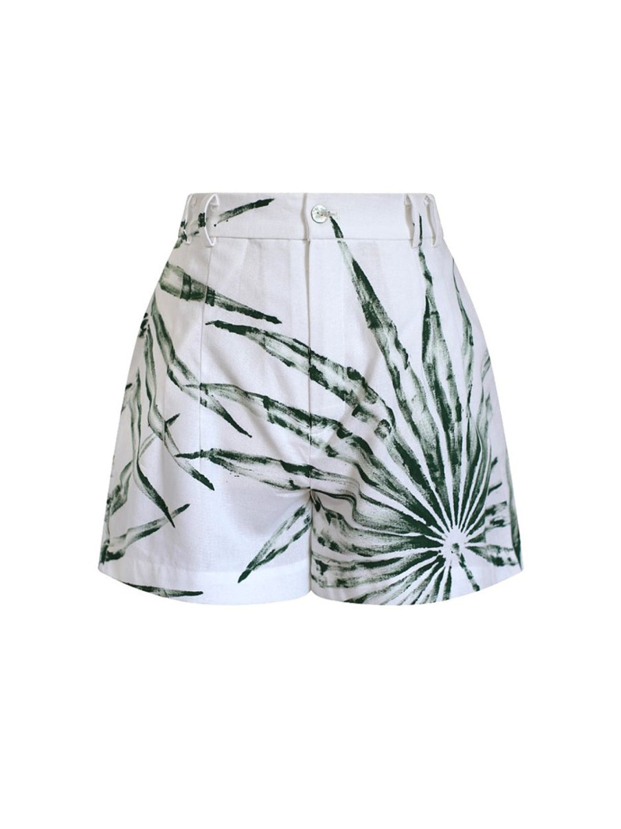 Women By Map Bottoms | Isla Shorts White With Green Hand-Painted Palms.