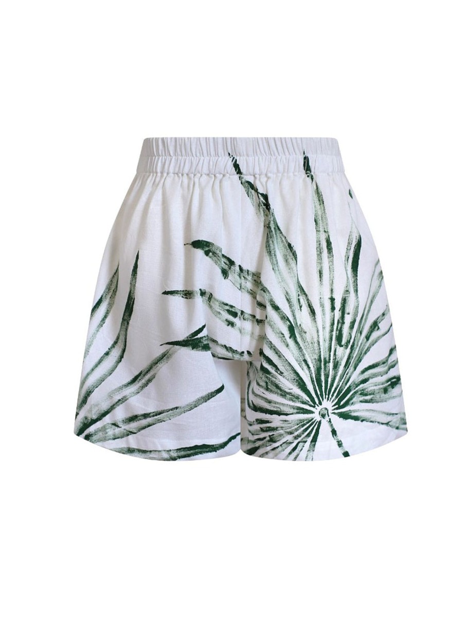 Women By Map Bottoms | Isla Shorts White With Green Hand-Painted Palms.