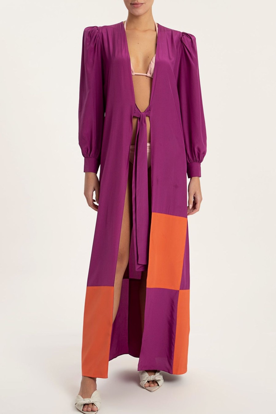 Women Adriana Degreas Dresses | New Age Long Kaftan With Voluminous Sleeves Fucsia/Orange